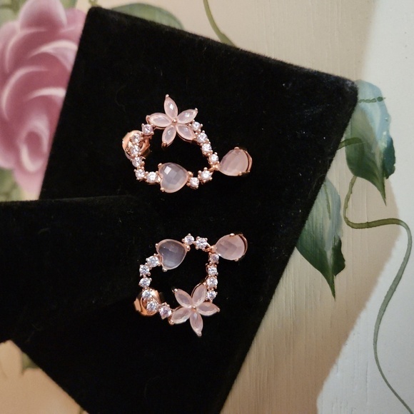 JTV Rose Quartz White Zircon 18K Rose Gold Earrings - Picture 3 of 10